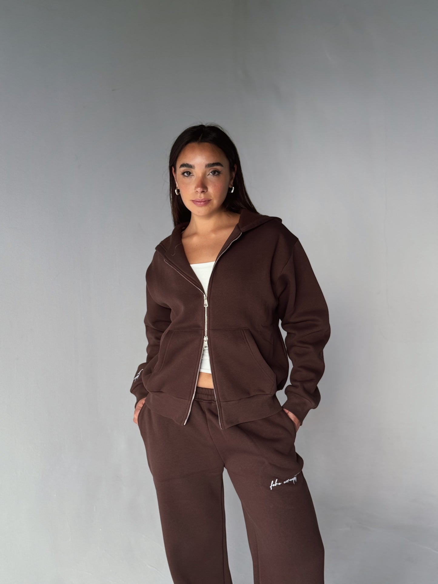 FEHE CONCEPT SIGNATURE DOUBLE ZIP-UP JACKET IN BROWN