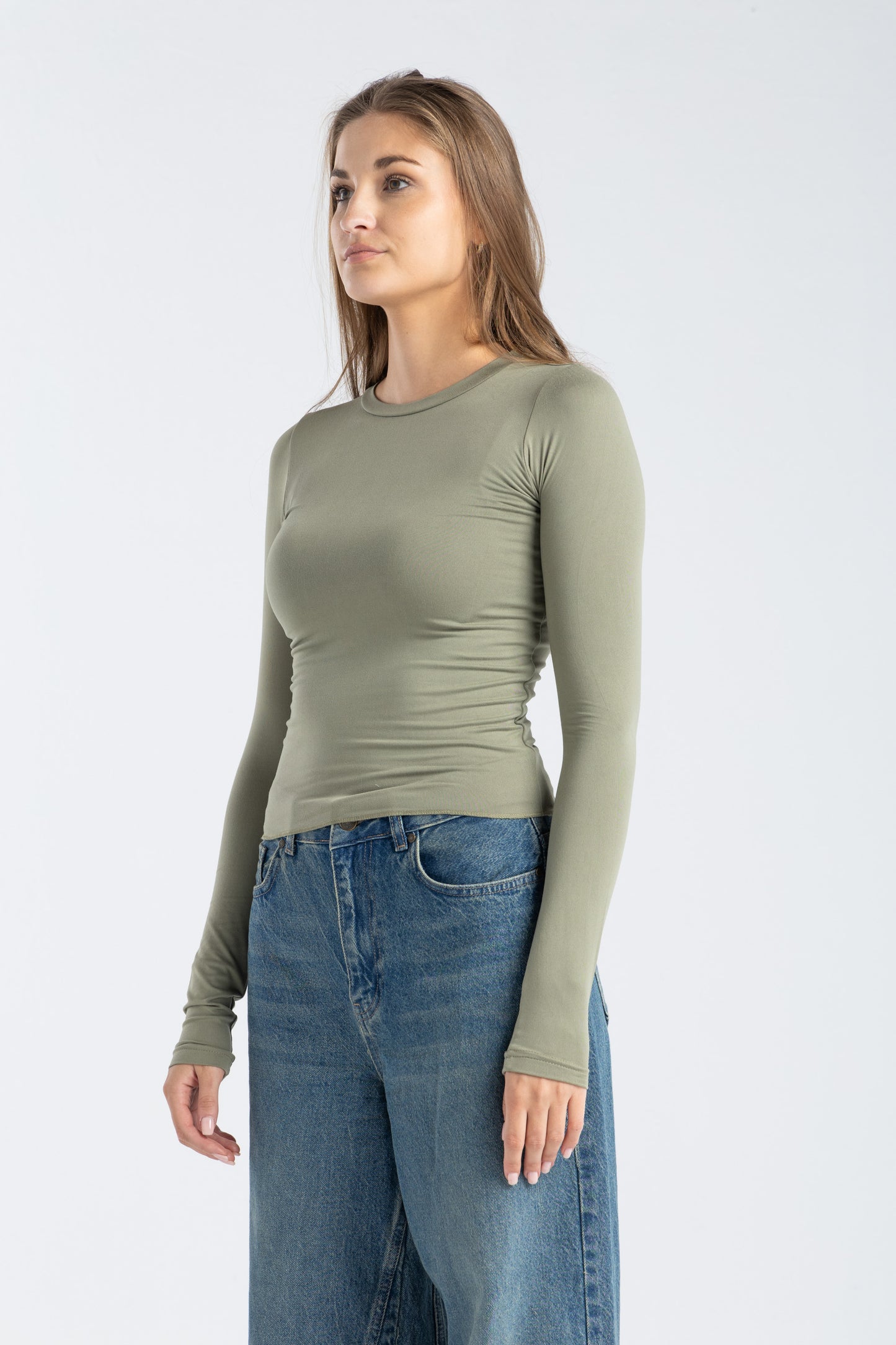 ROUND NECK LONG SLEEVE TOP IN MATCHA