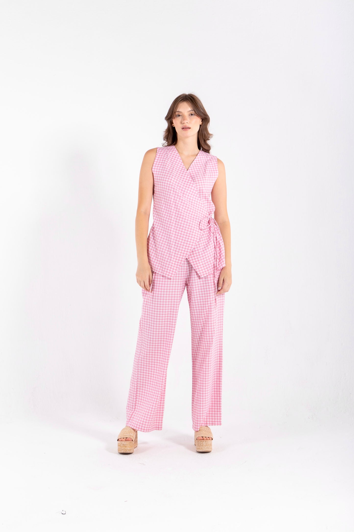 GHINGHAM VEST SET IN PINK
