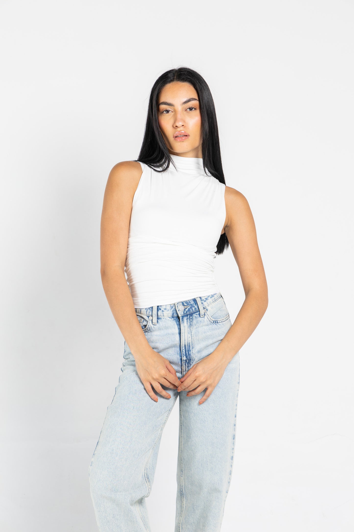 DRAPED HIGH NECK SLEEVLESS TOP IN WHITE