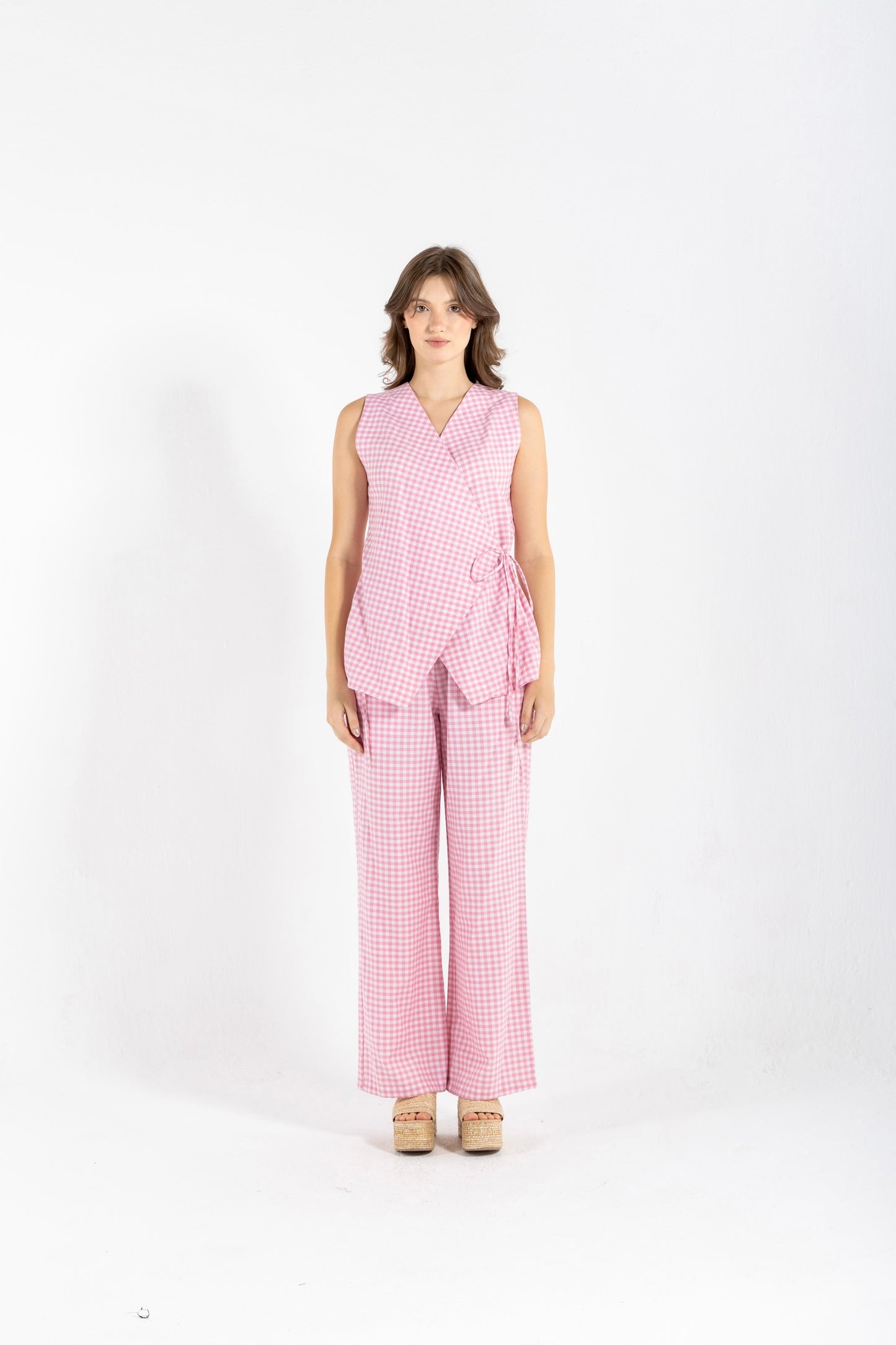 GHINGHAM VEST SET IN PINK