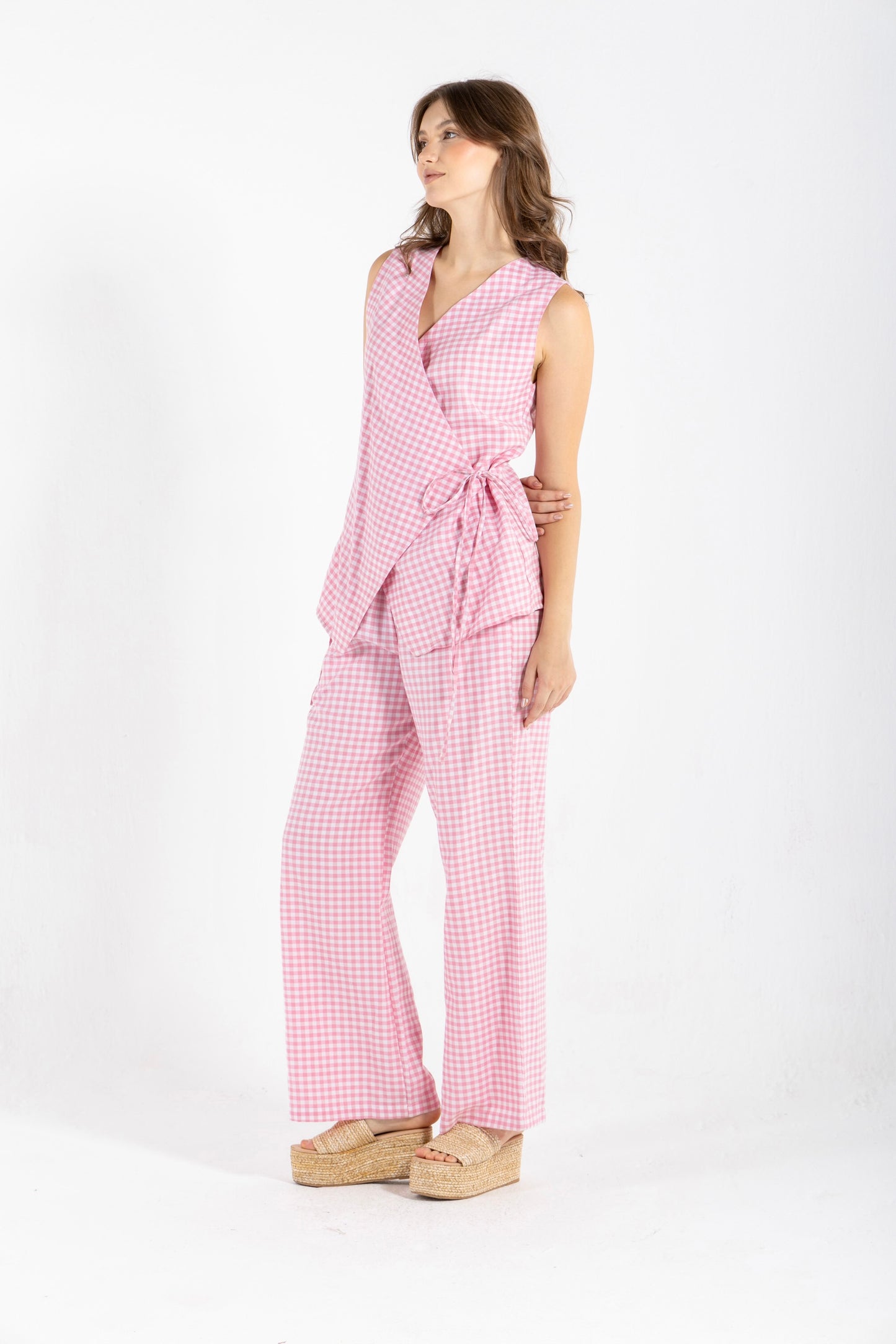 GHINGHAM VEST SET IN PINK