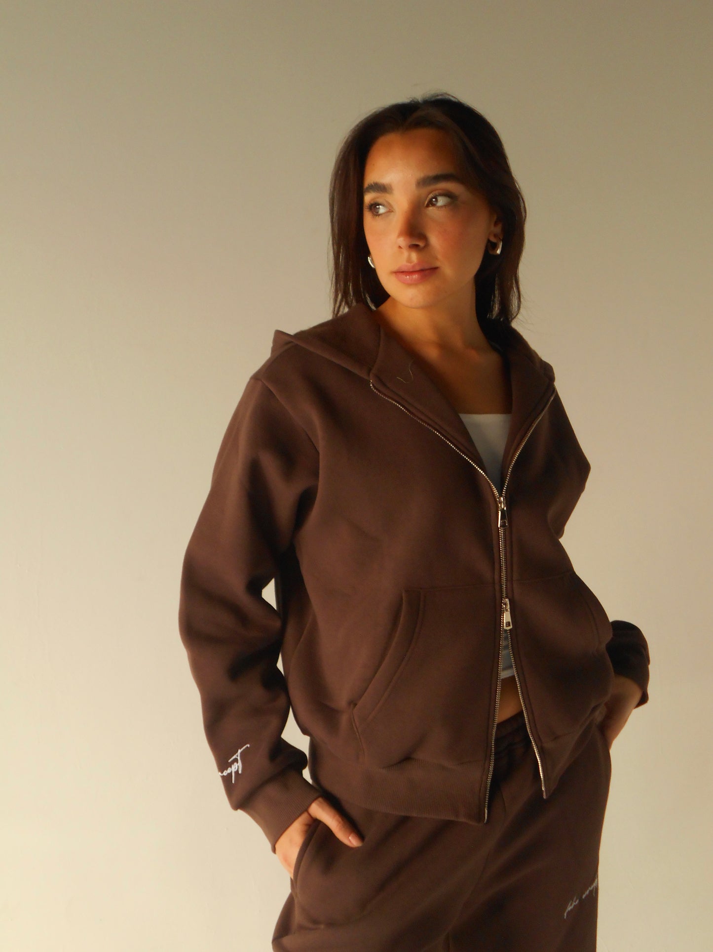 FEHE CONCEPT SIGNATURE DOUBLE ZIP-UP JACKET IN BROWN