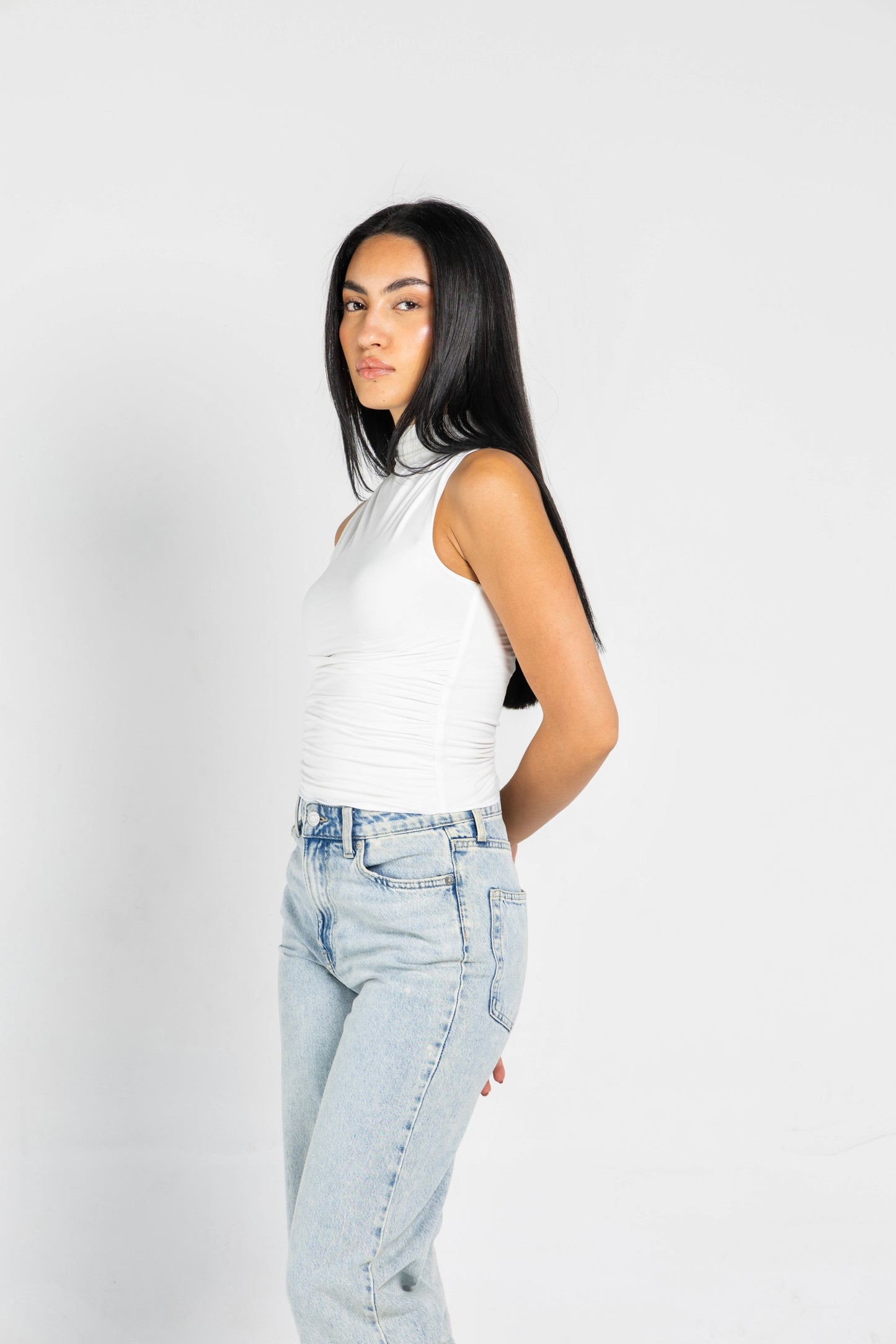 DRAPED HIGH NECK SLEEVLESS TOP IN WHITE