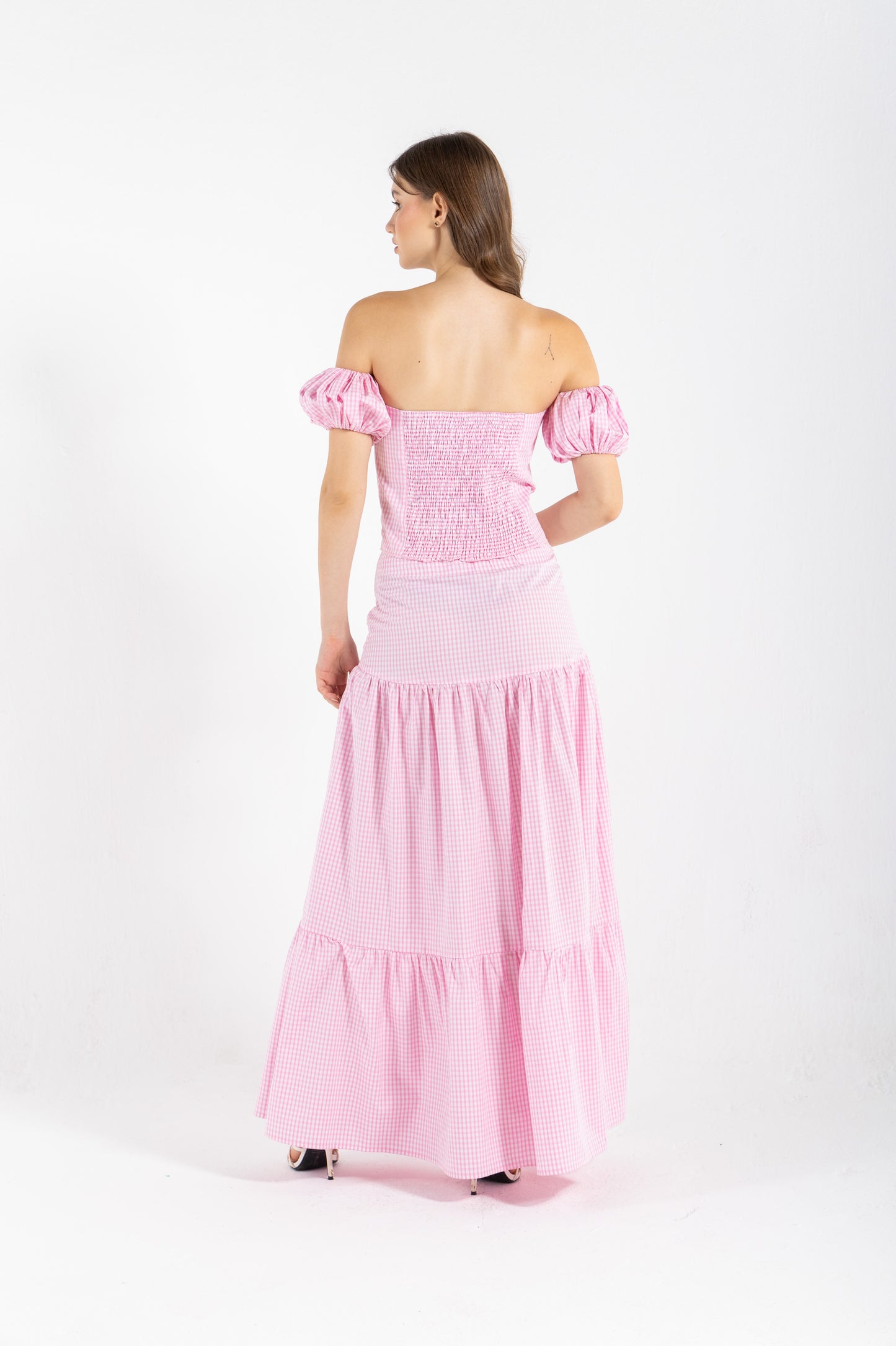 GINGHAM OFF-THE-SHOULDER TOP IN PINK