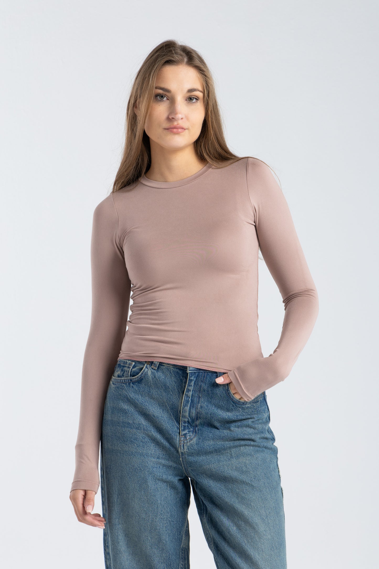 ROUND NECK LONG SLEEVE TOP IN NUDE