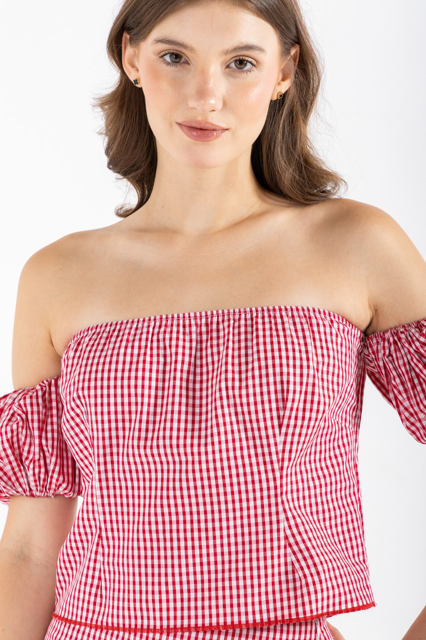 GINGHAM OFF-THE-SHOULDER TOP IN RED
