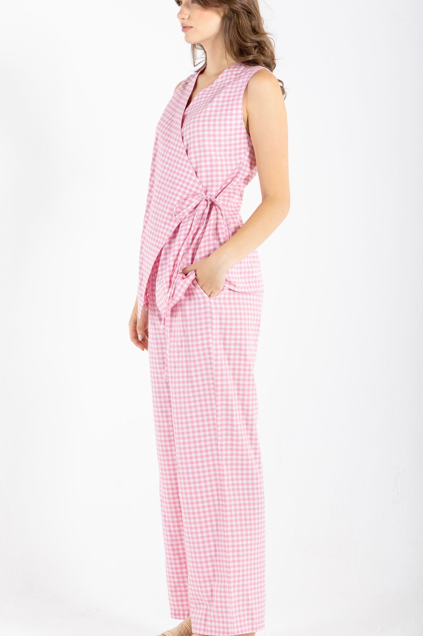 GHINGHAM VEST SET IN PINK