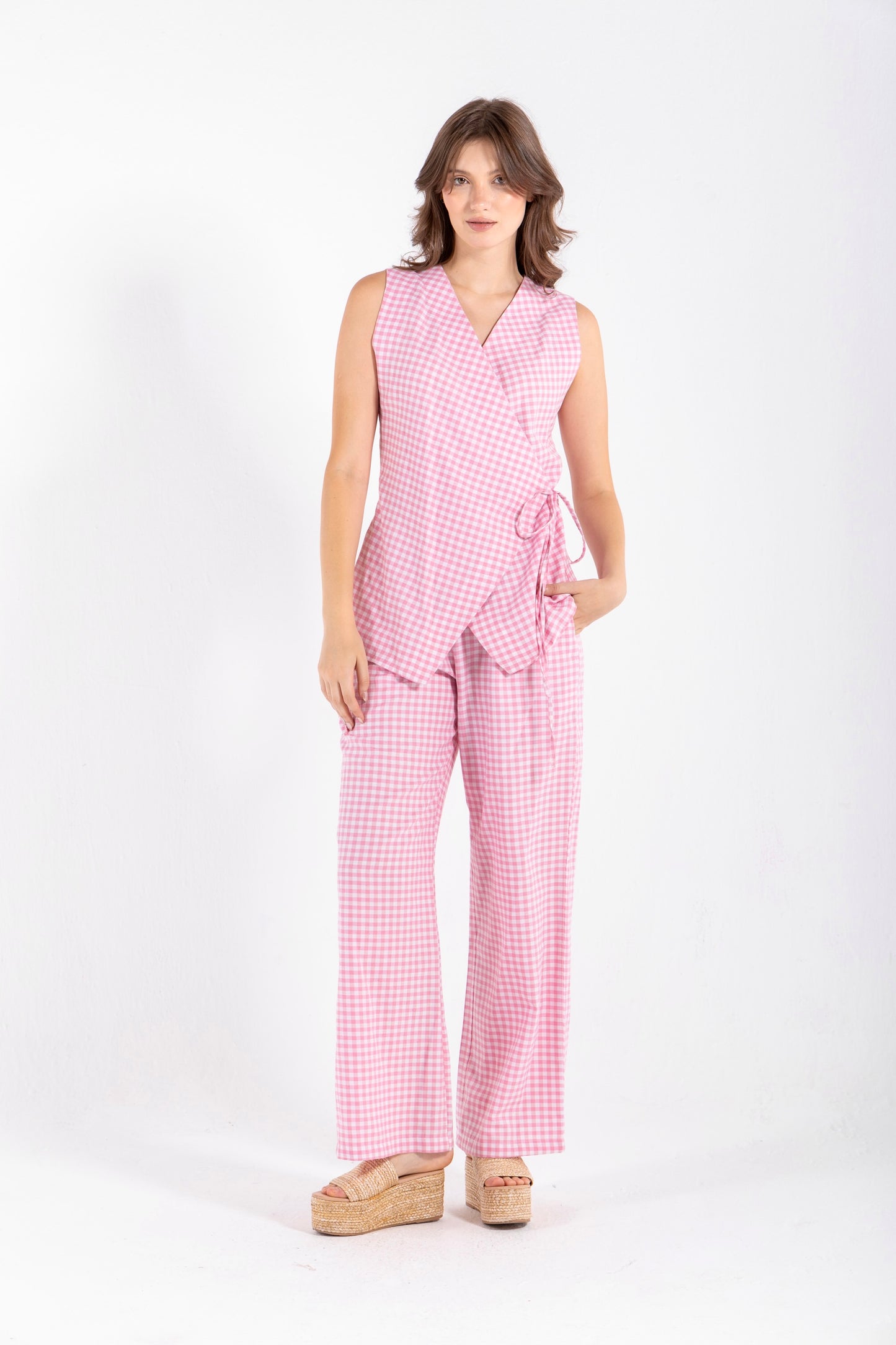 GHINGHAM VEST SET IN PINK
