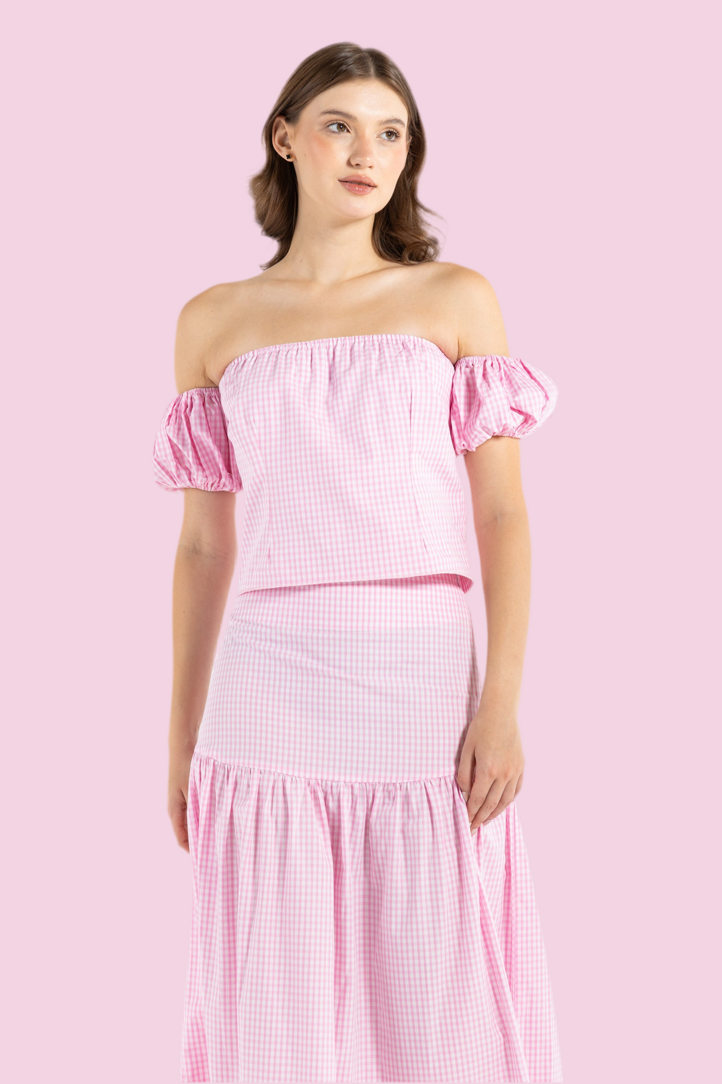 GINGHAM OFF-THE-SHOULDER TOP IN PINK
