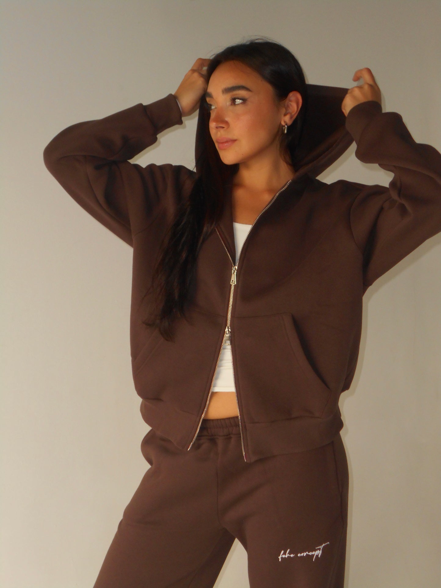 FEHE CONCEPT SIGNATURE DOUBLE ZIP-UP JACKET IN BROWN
