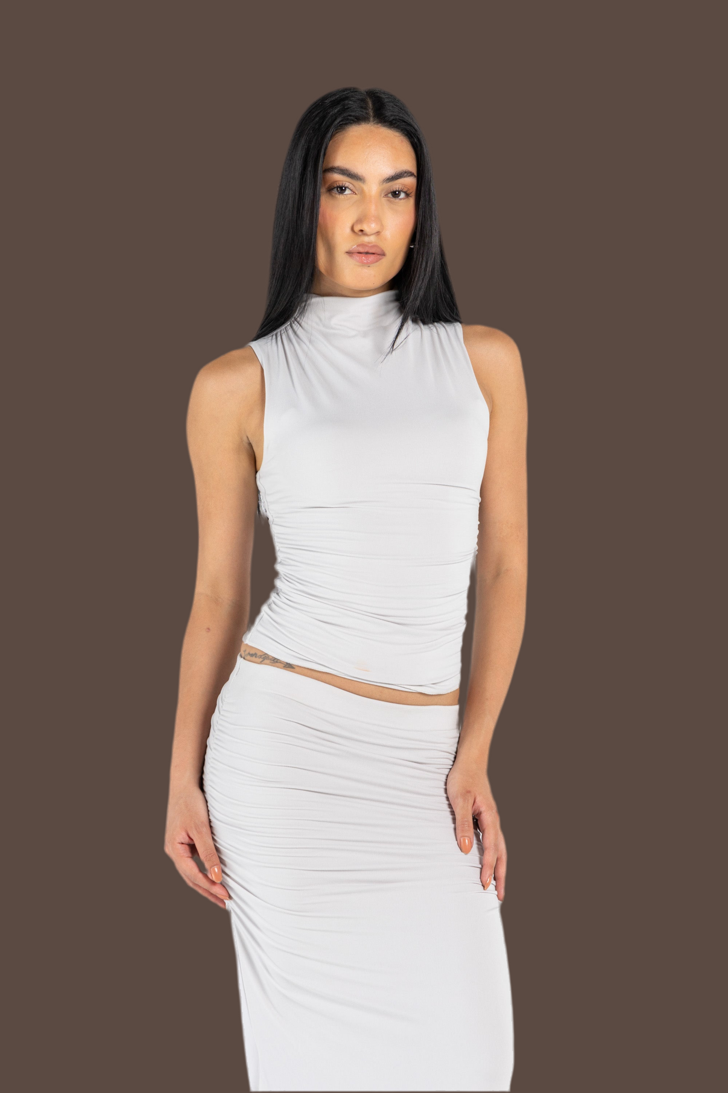 DRAPED HIGH NECK SLEEVLESS TOP IN GRIEGE