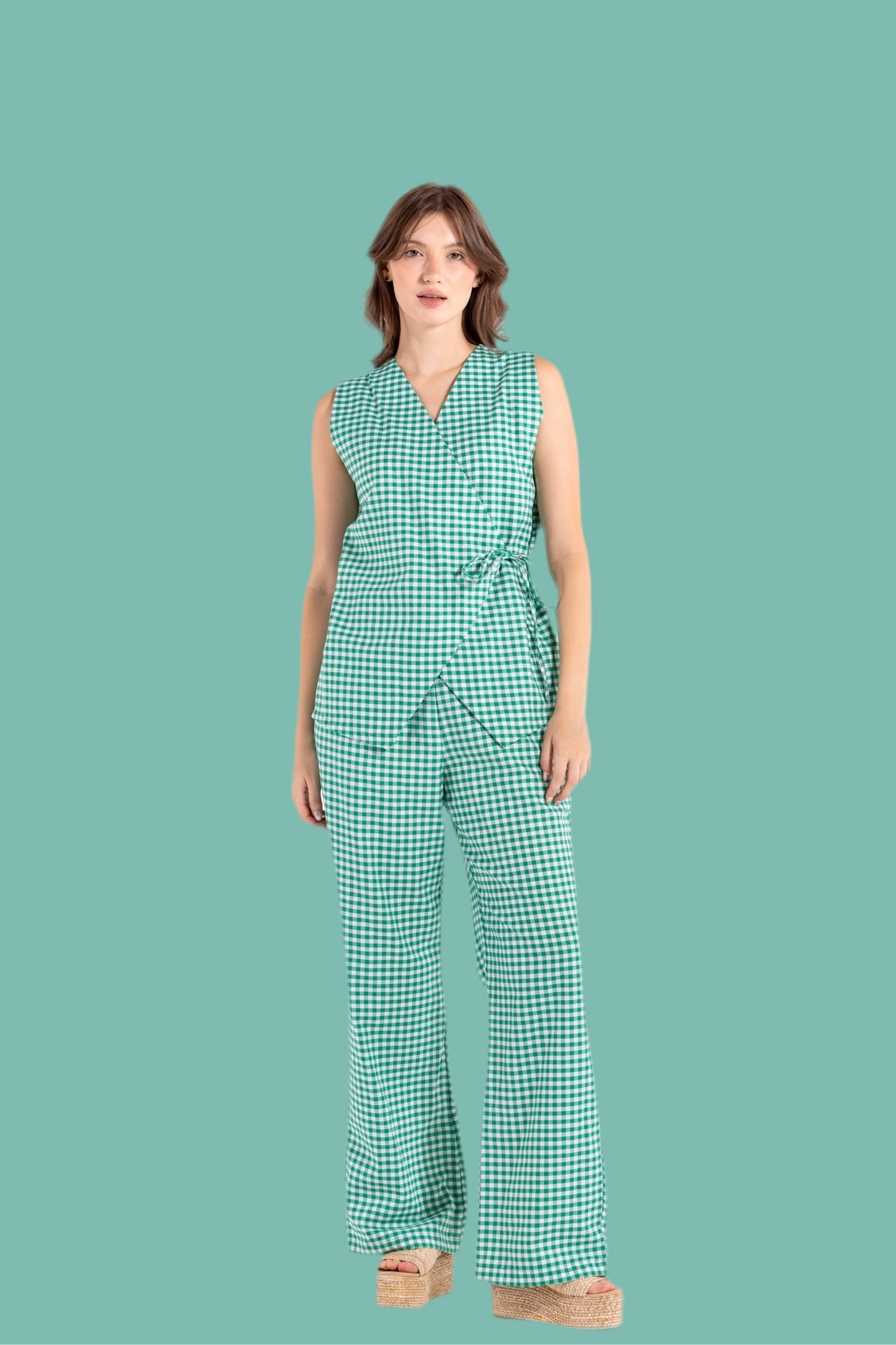 GHINGHAM VEST SET IN GREEN