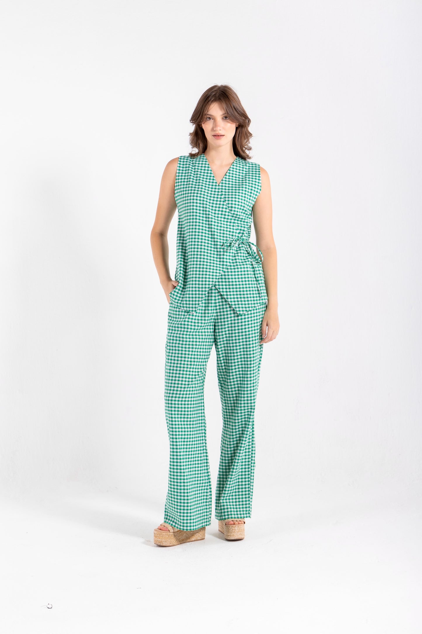 GHINGHAM VEST SET IN GREEN