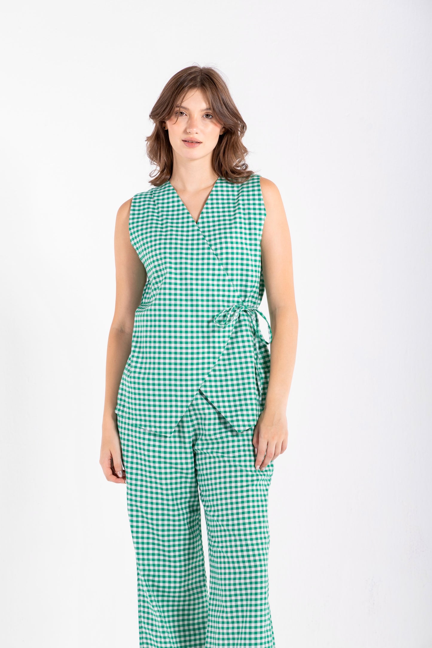 GHINGHAM VEST SET IN GREEN
