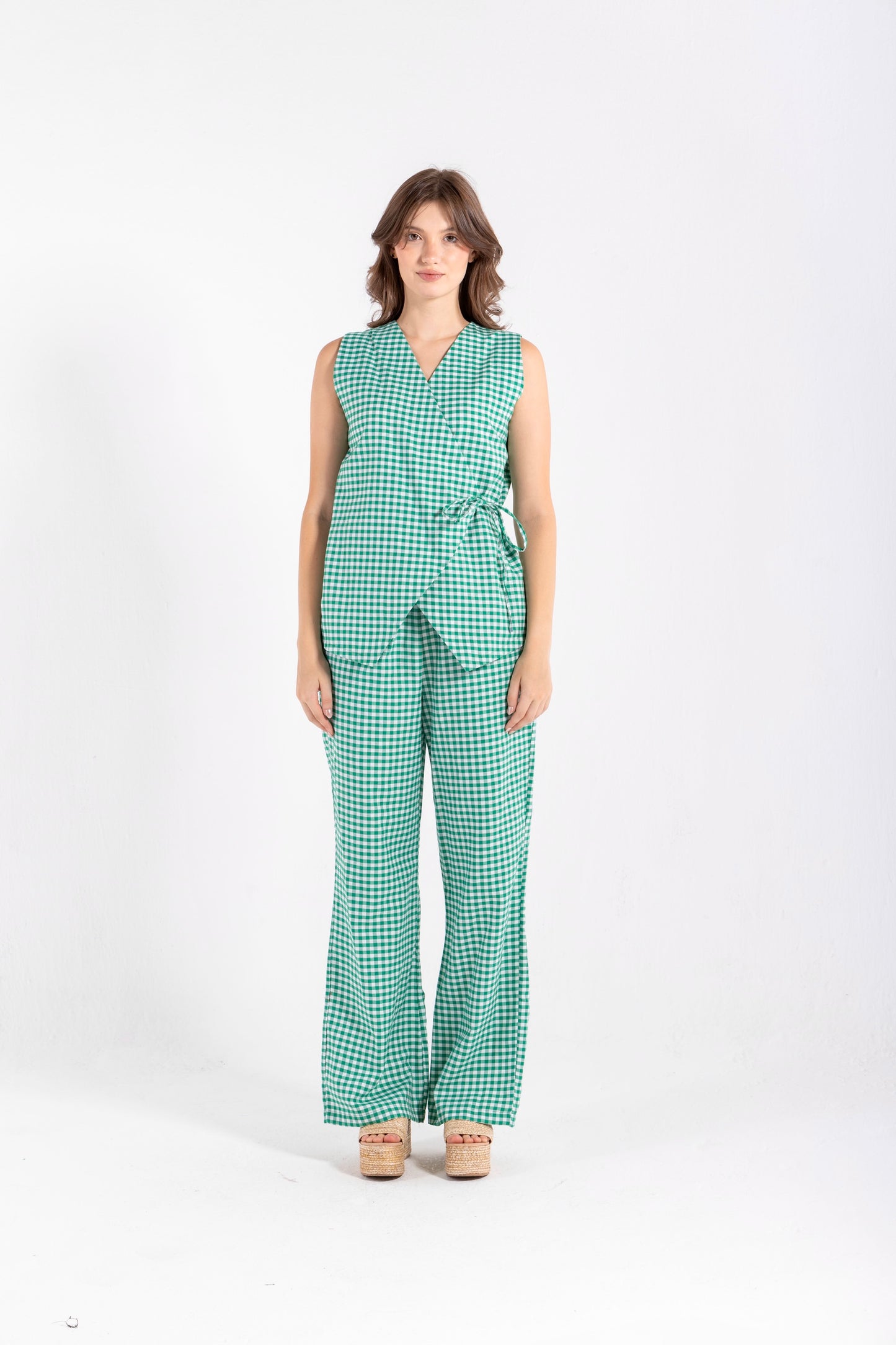 GHINGHAM VEST SET IN GREEN