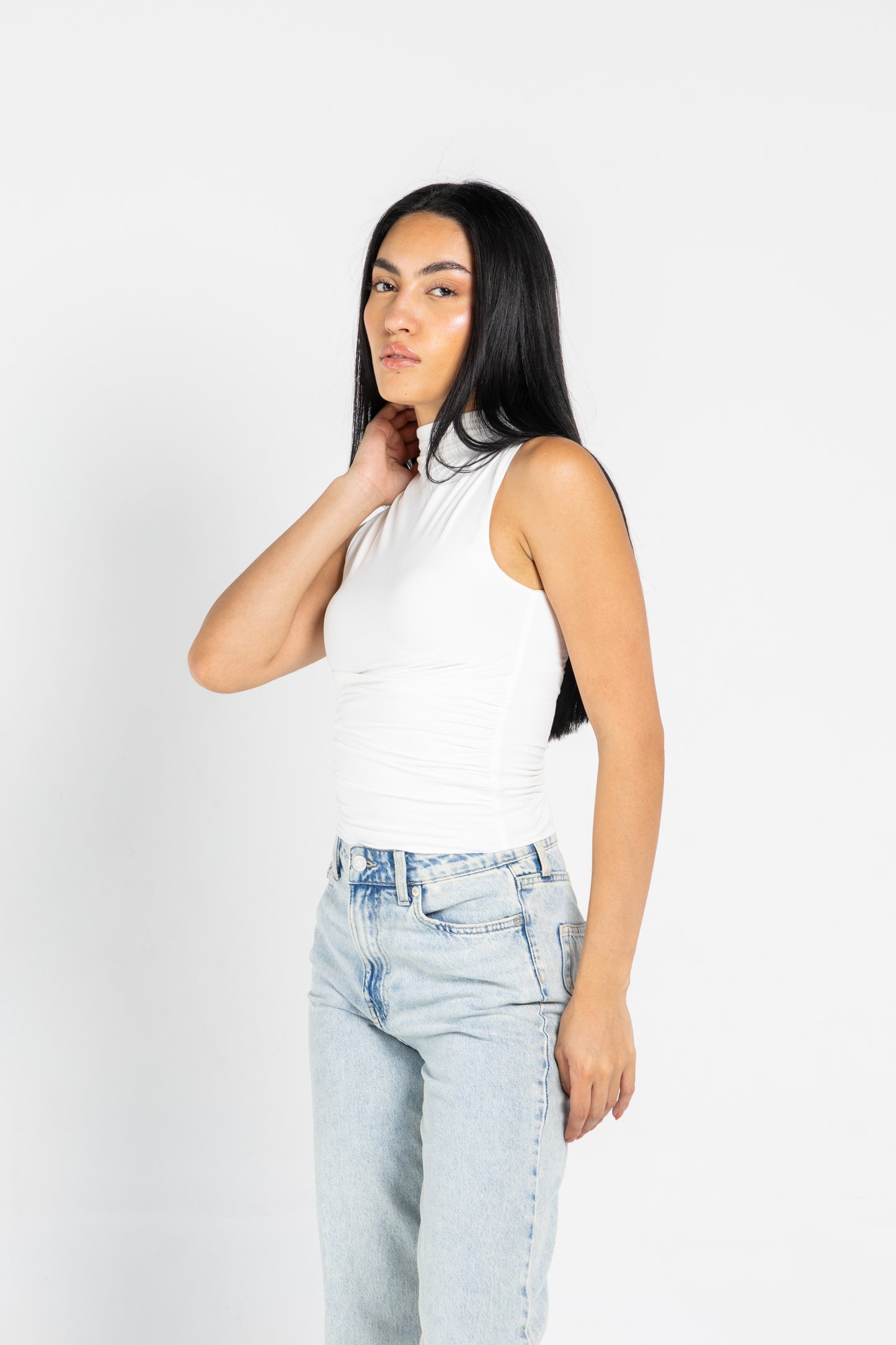 DRAPED HIGH NECK SLEEVLESS TOP IN WHITE