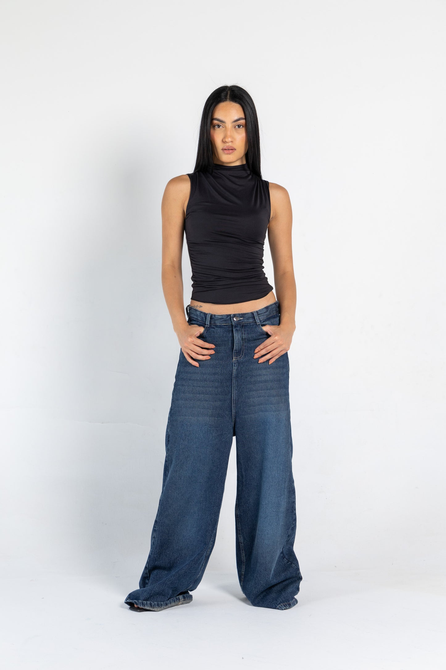 DRAPED HIGH NECK SLEEVLESS TOP IN BLACK
