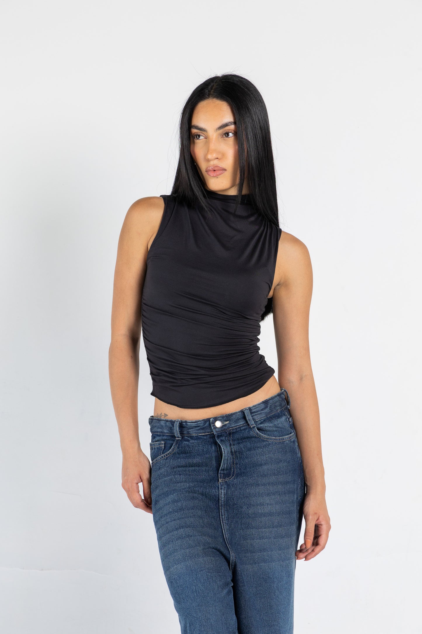 DRAPED HIGH NECK SLEEVLESS TOP IN BLACK