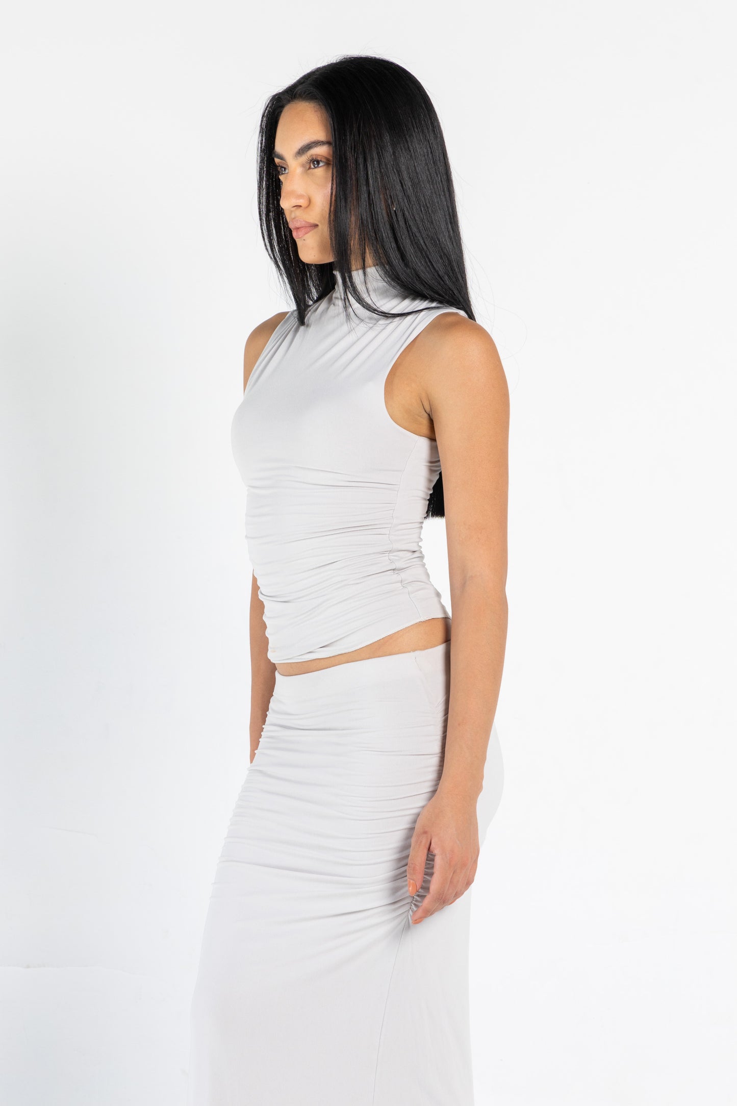 DRAPED HIGH NECK SLEEVLESS TOP IN GRIEGE