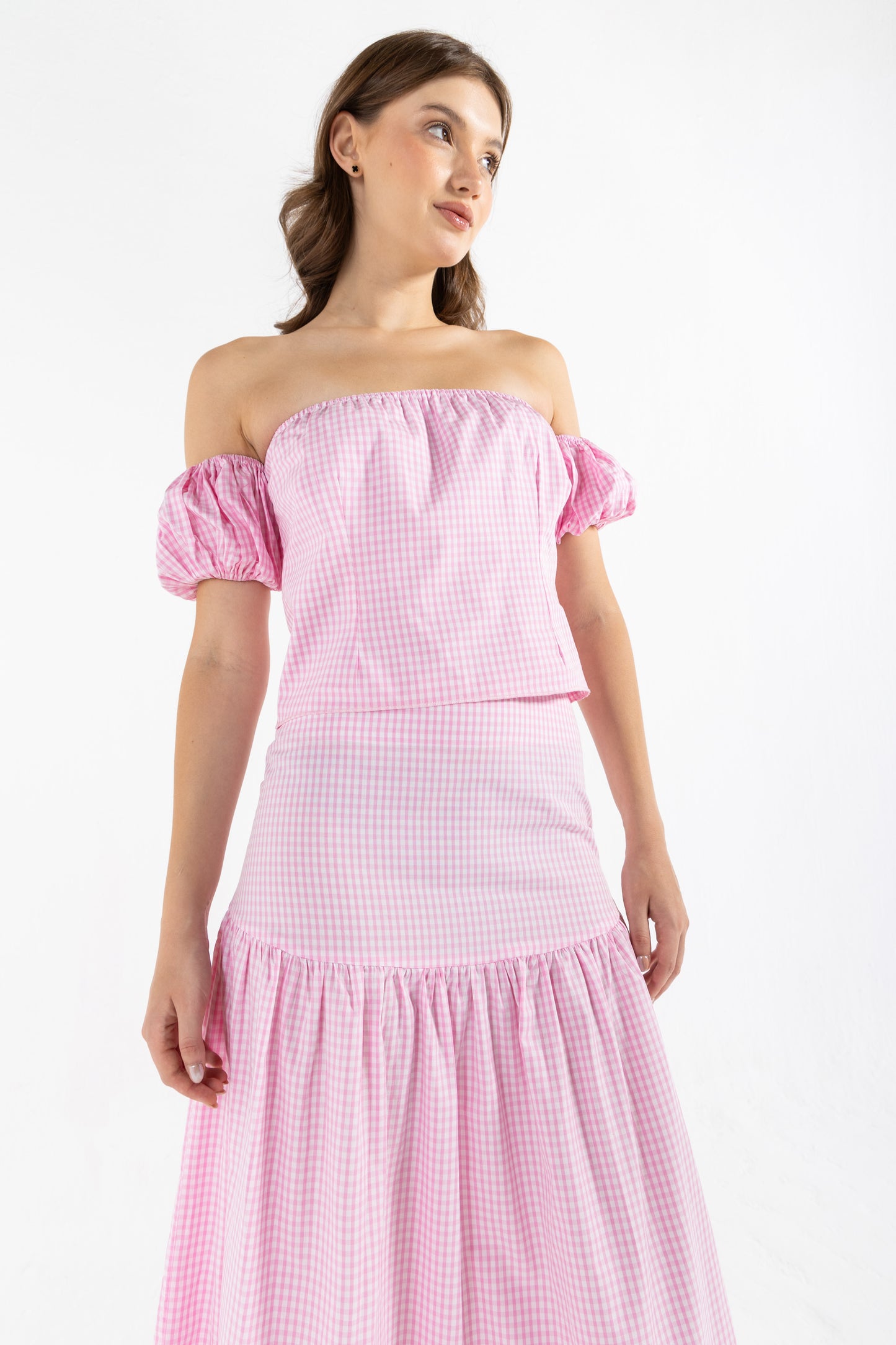 GINGHAM OFF-THE-SHOULDER TOP IN PINK