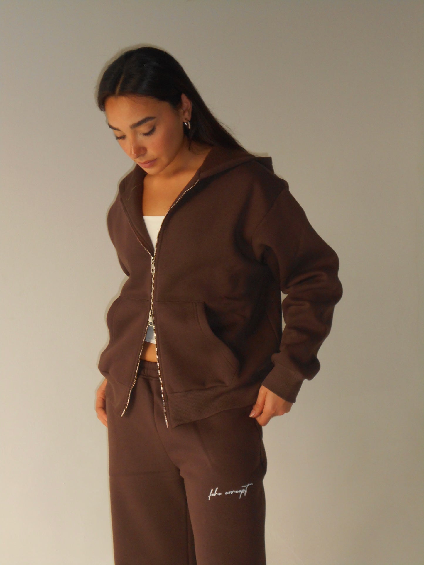 FEHE CONCEPT SIGNATURE DOUBLE ZIP-UP JACKET IN BROWN