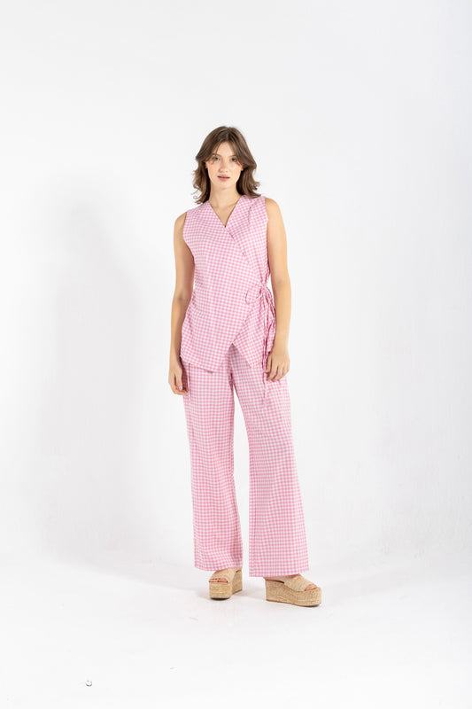 GHINGHAM VEST SET IN PINK