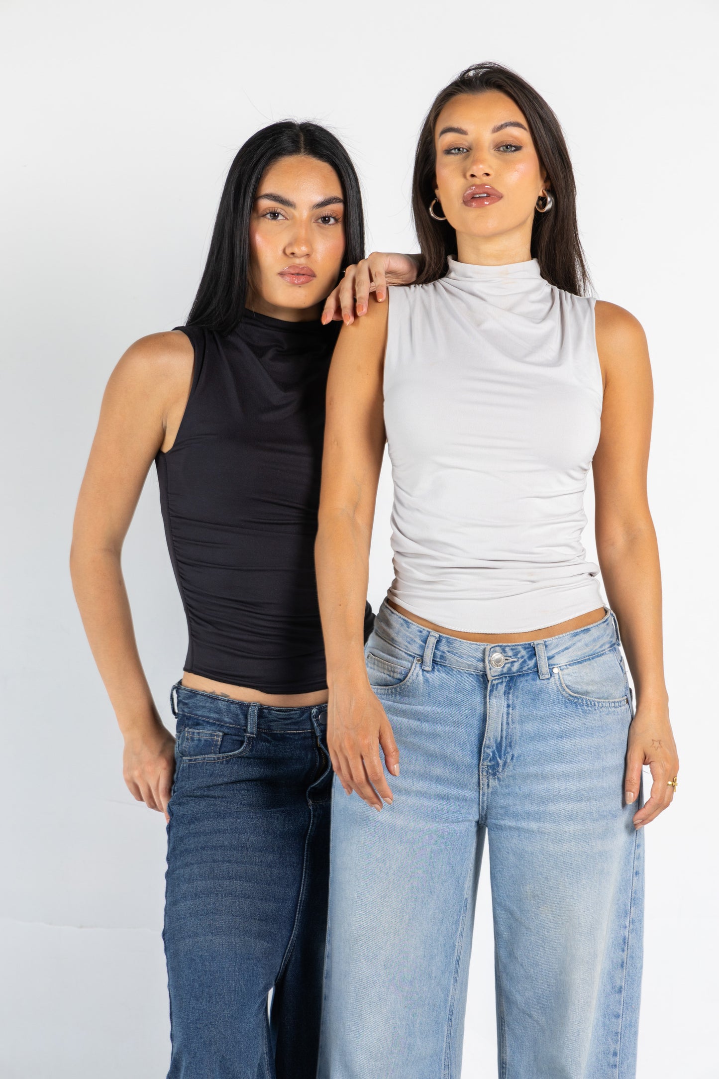 DRAPED HIGH NECK SLEEVLESS TOP IN BLACK