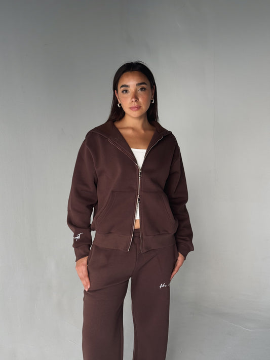 FEHE CONCEPT SIGNATURE DOUBLE ZIP-UP JACKET IN BROWN