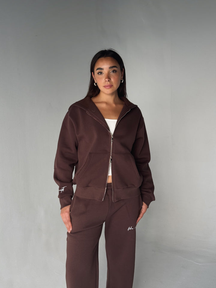 FEHE CONCEPT SIGNATURE DOUBLE ZIP-UP JACKET IN BROWN