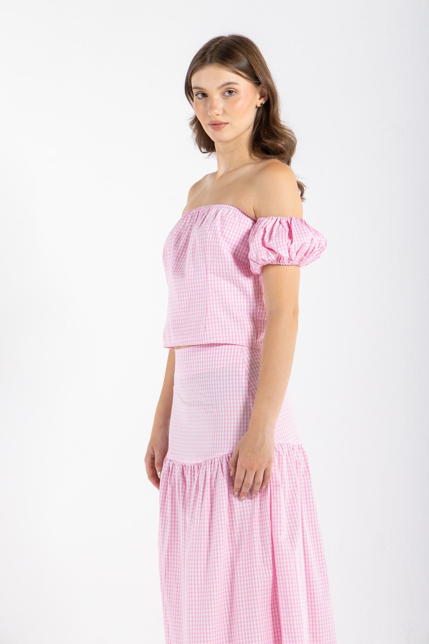 GINGHAM OFF-THE-SHOULDER TOP IN PINK