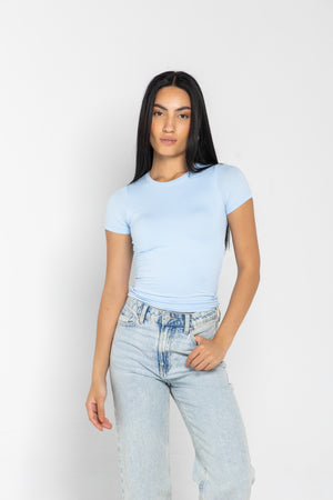 ROUND NECK SHORT SLEEVES TOP IN BABY BLUE