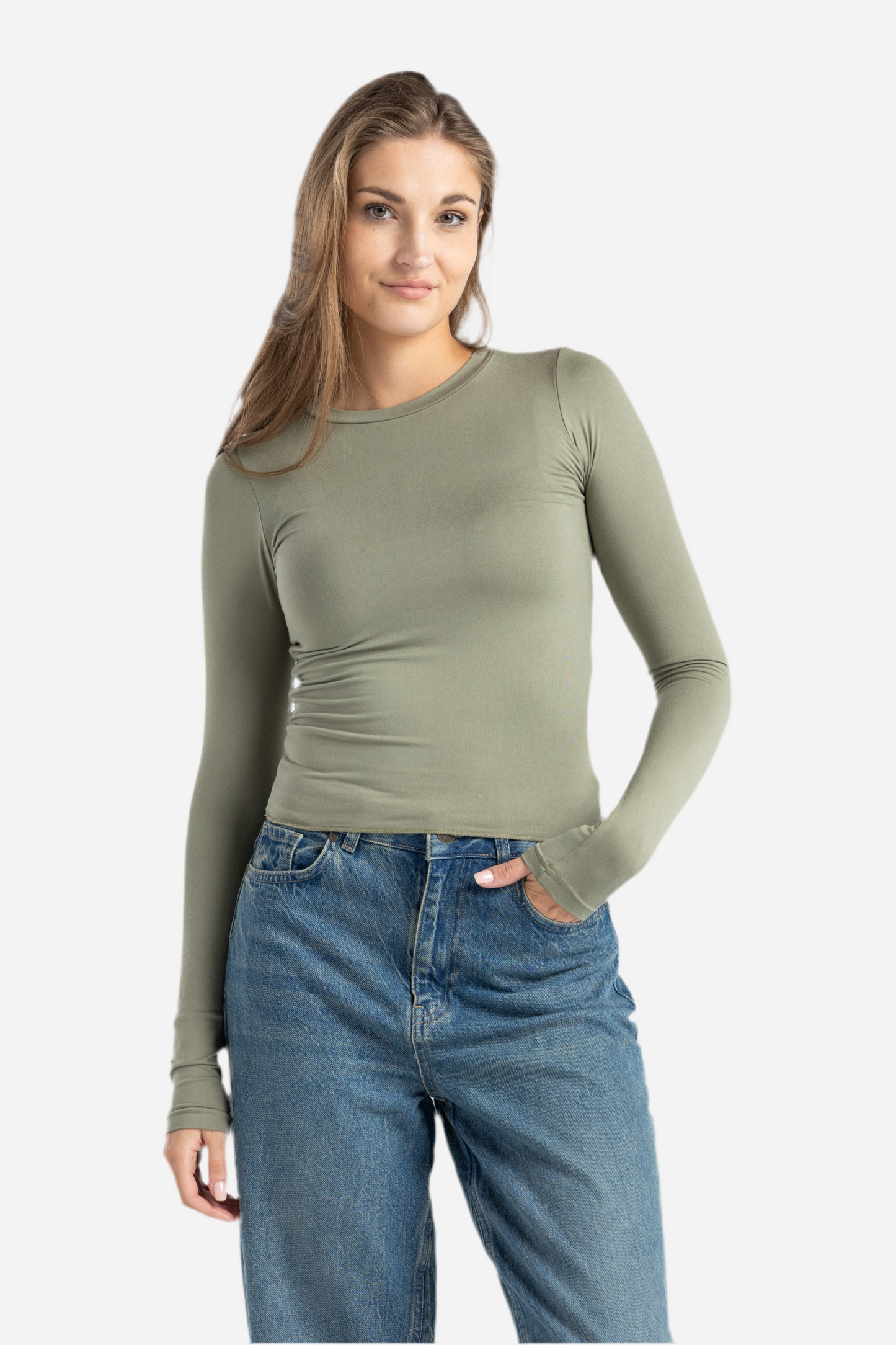 ROUND NECK LONG SLEEVE TOP IN MATCHA