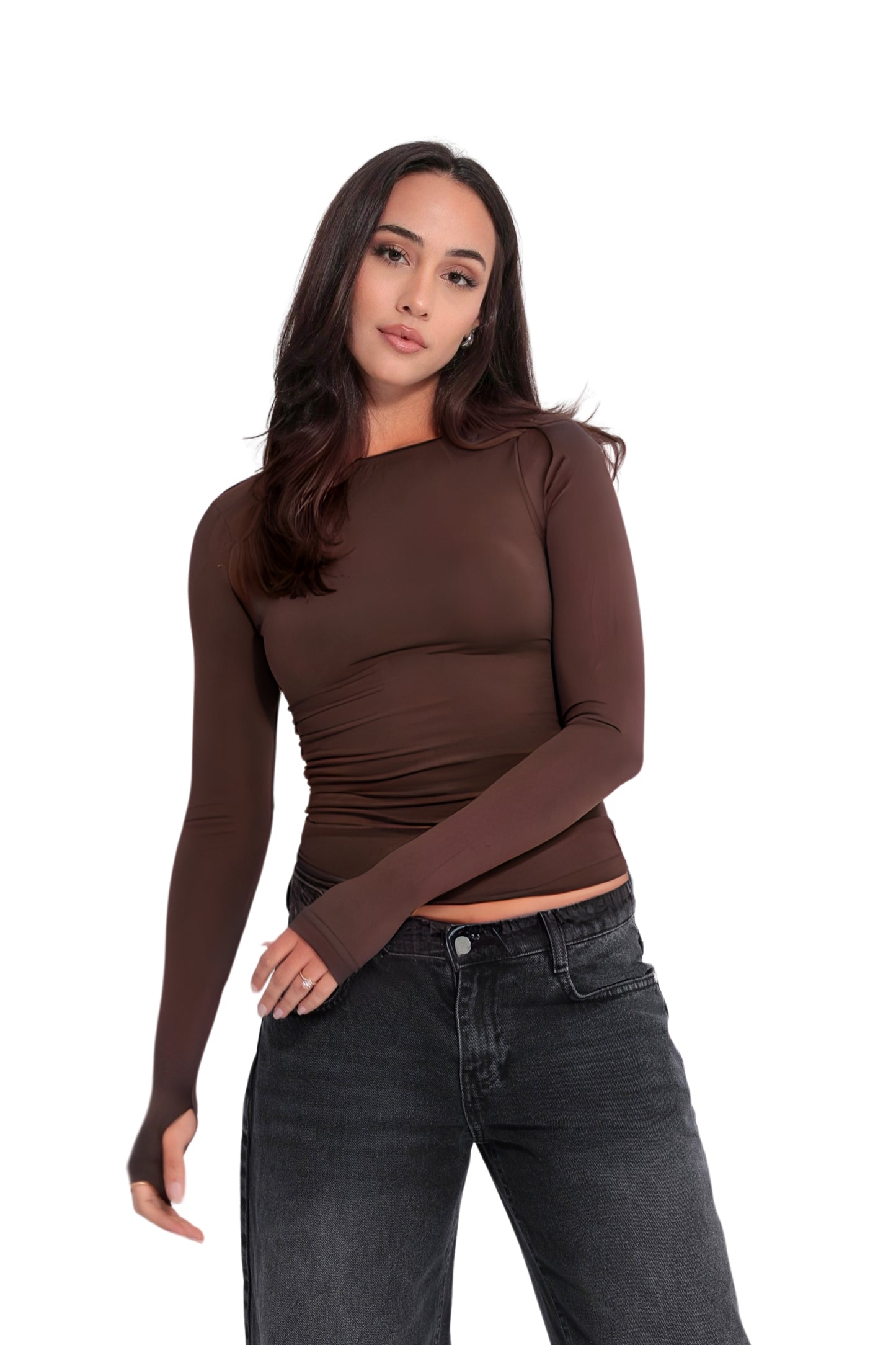 BOAT SHAPED NECK TOP IN BROWN