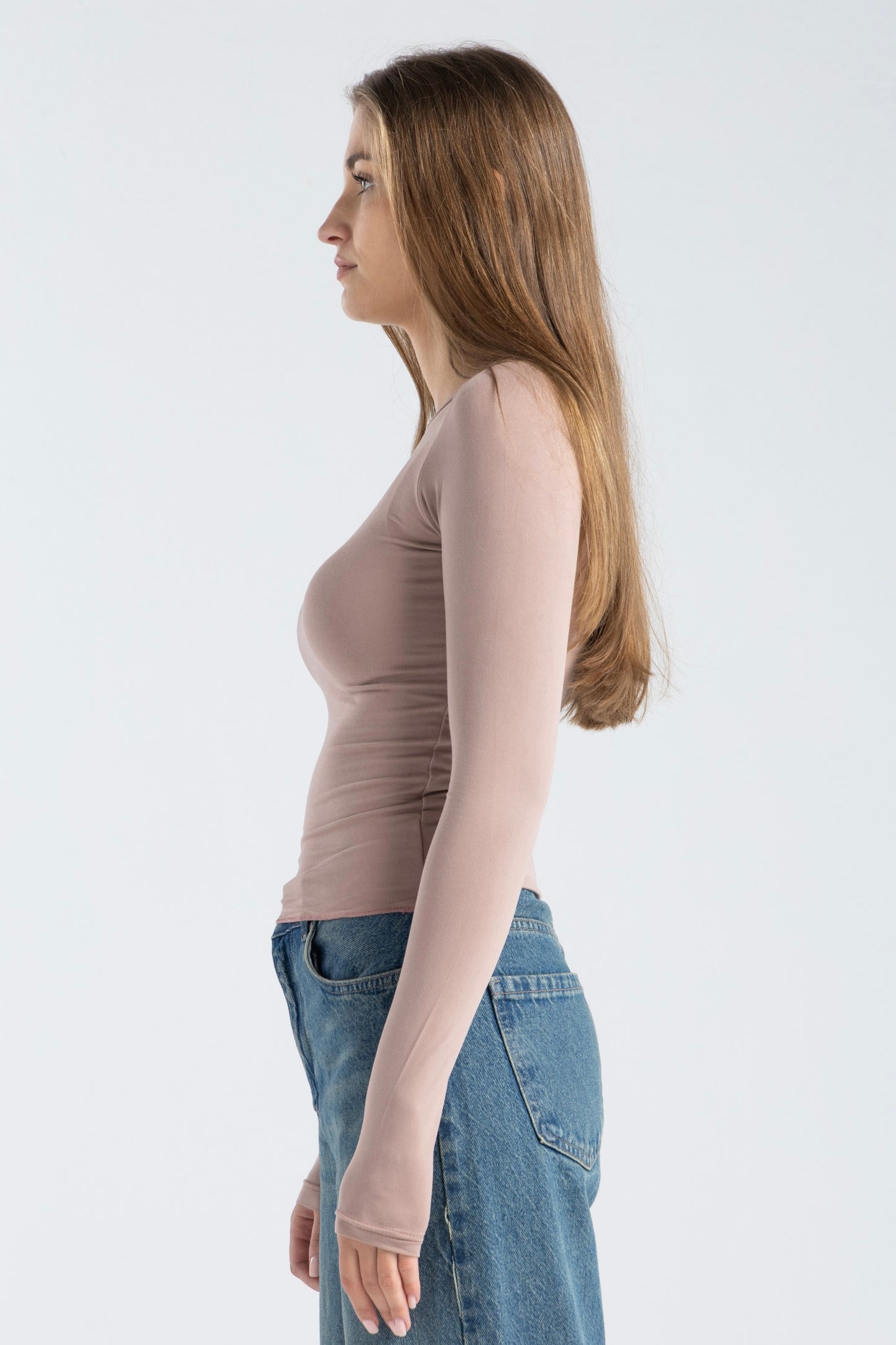 ROUND NECK LONG SLEEVE TOP IN NUDE