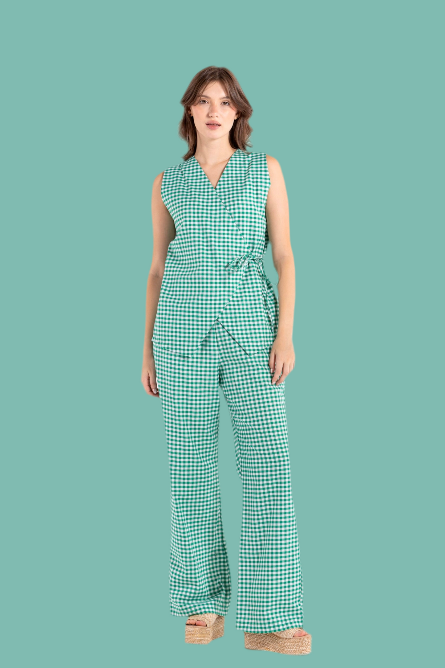 GHINGHAM VEST SET IN GREEN