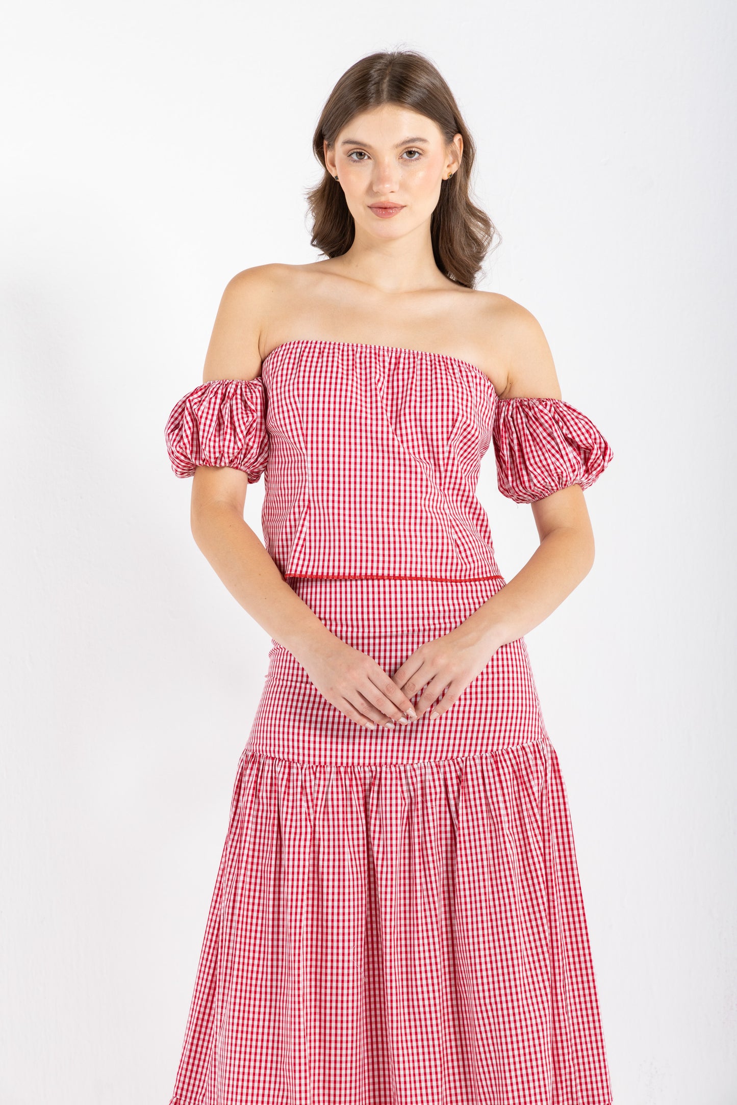 GINGHAM OFF-THE-SHOULDER TOP IN RED