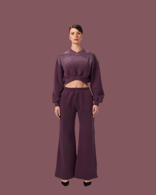 THE VNECK-CROPPED WASHED SWEATSHIRT SET IN PURPLE