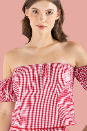 GINGHAM OFF-THE-SHOULDER TOP IN RED