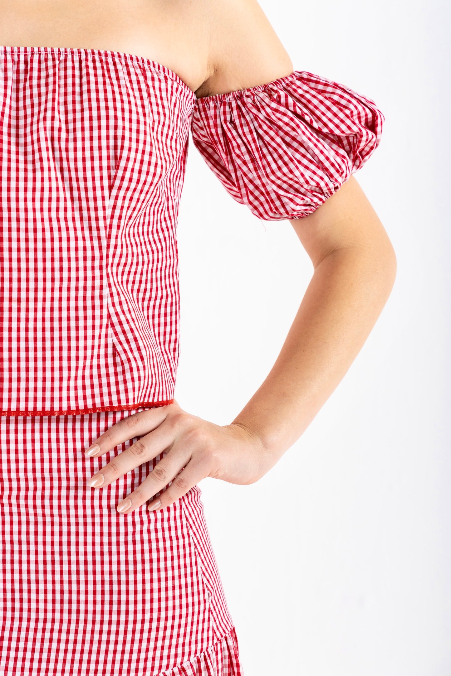GINGHAM OFF-THE-SHOULDER TOP IN RED