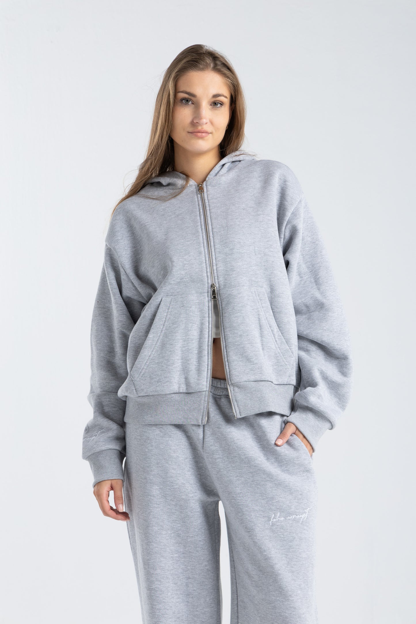 FEHE CONCEPT SIGNATURE DOUBLE ZIP-UP JACKET IN HEATHER GREY
