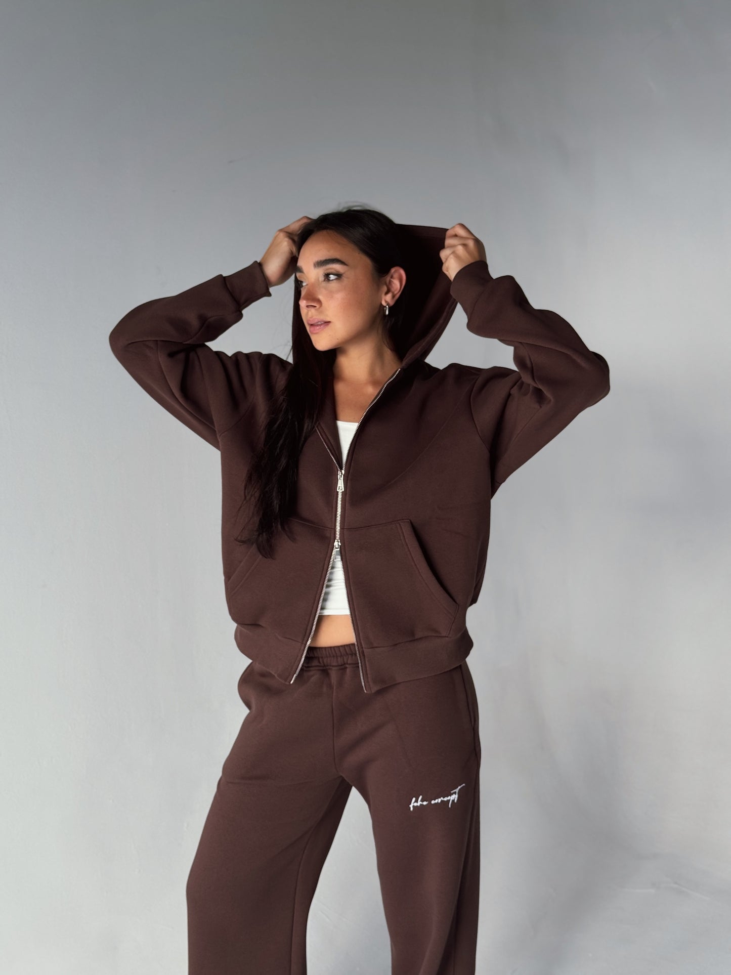 FEHE CONCEPT SIGNATURE DOUBLE ZIP-UP JACKET IN BROWN