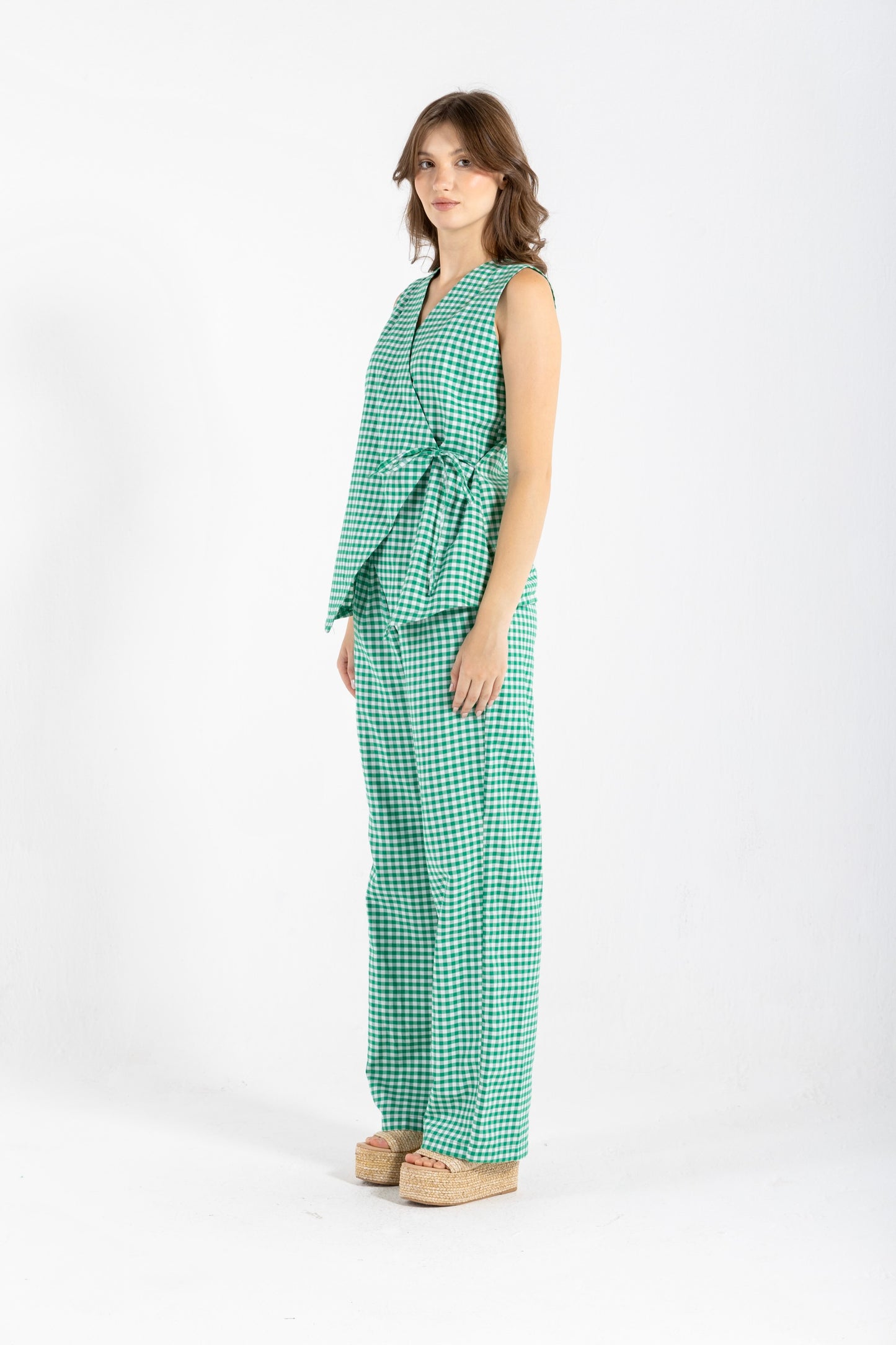 GHINGHAM VEST SET IN GREEN