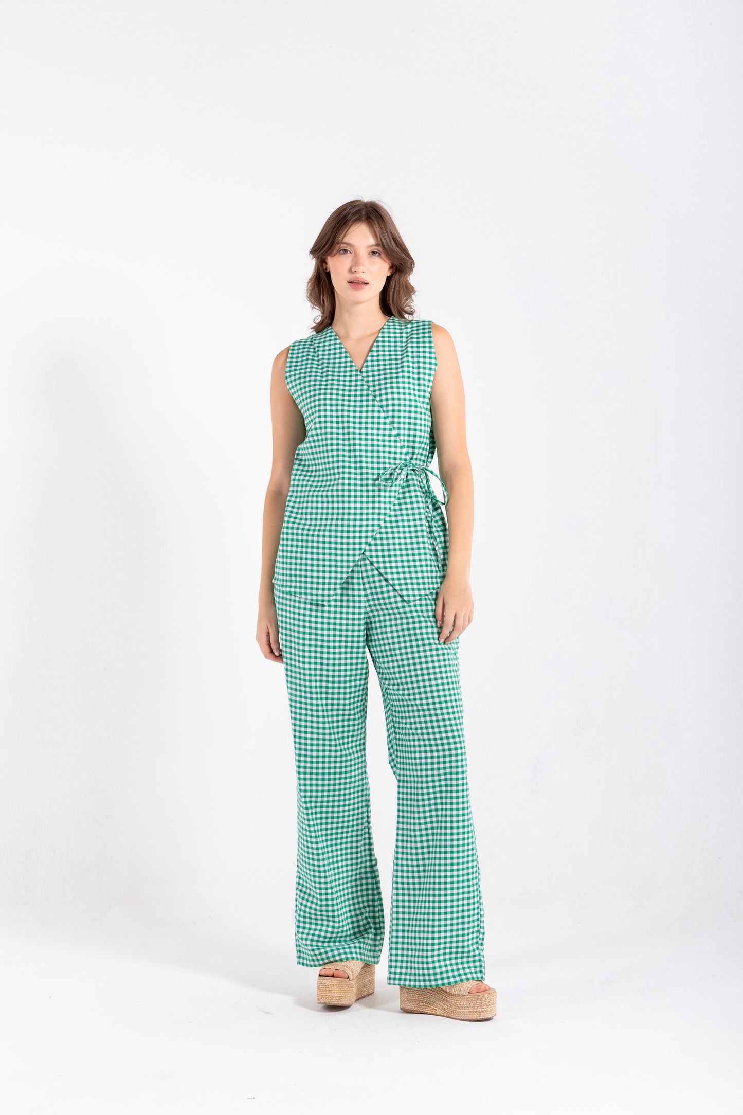 GHINGHAM VEST SET IN GREEN