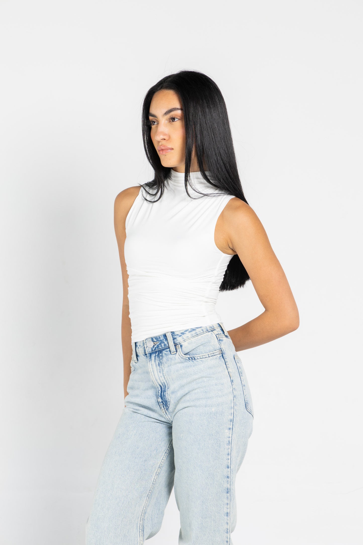 DRAPED HIGH NECK SLEEVLESS TOP IN WHITE
