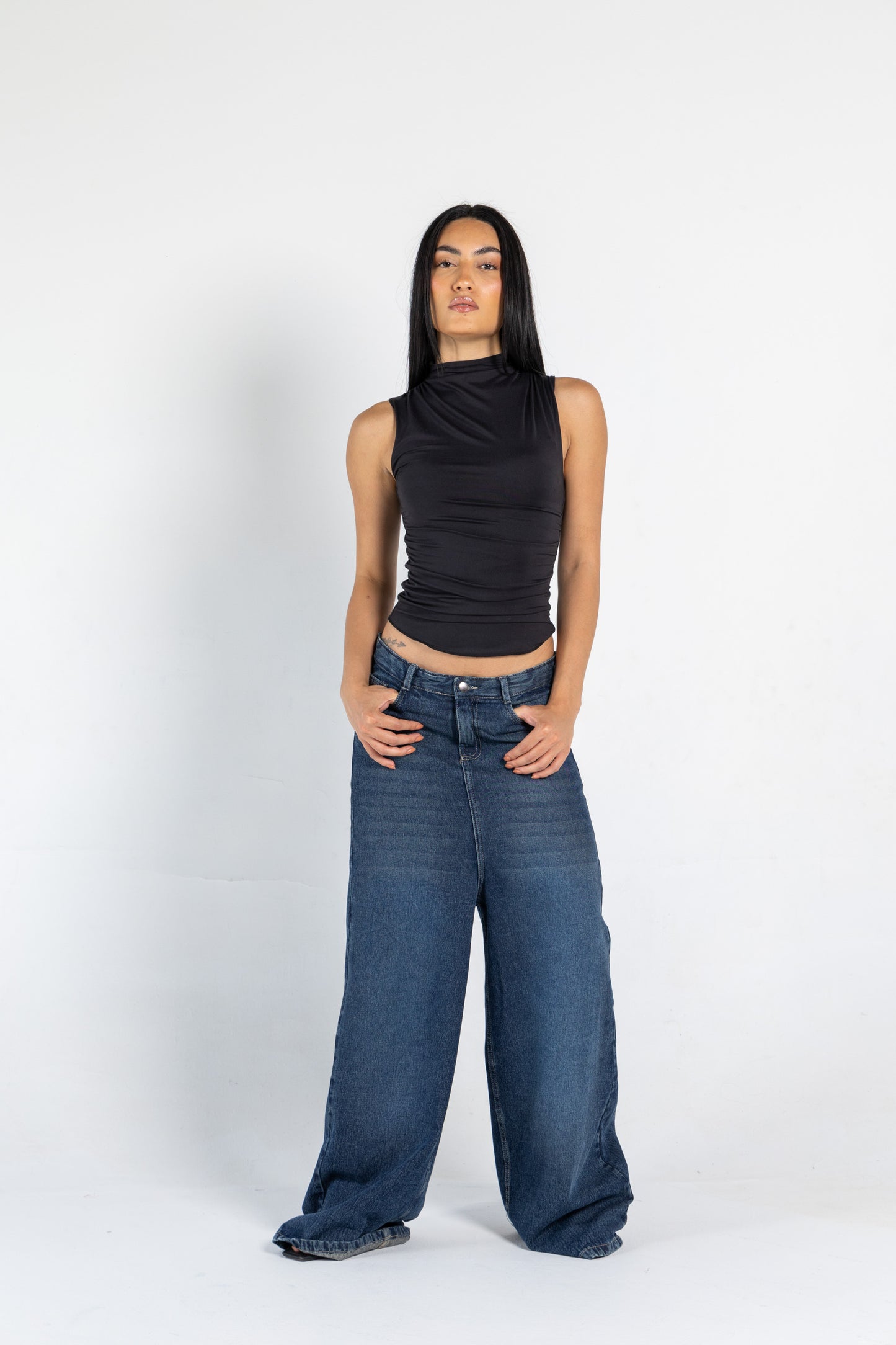 DRAPED HIGH NECK SLEEVLESS TOP IN BLACK
