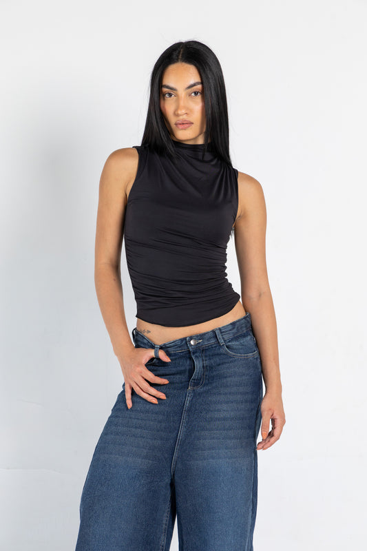 DRAPED HIGH NECK SLEEVLESS TOP IN BLACK