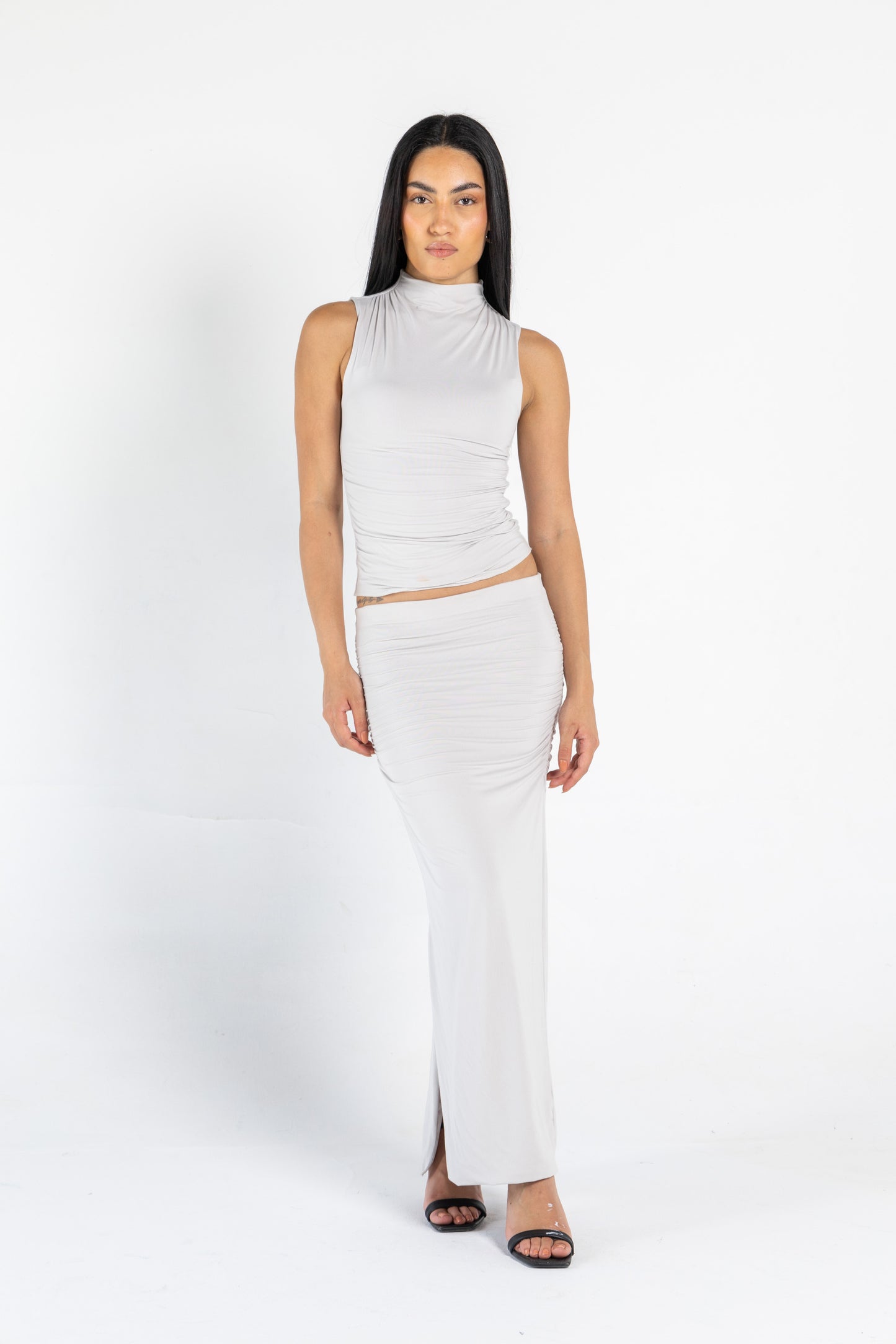 DRAPED HIGH NECK SLEEVLESS TOP IN GRIEGE